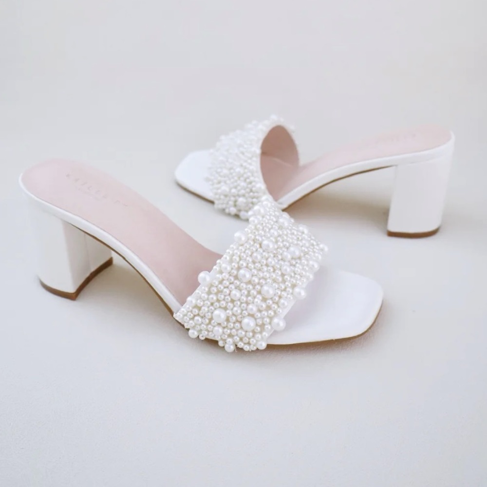 Kailee P. Satin Block Heels Slide Wedding Sandals with Perla Applique